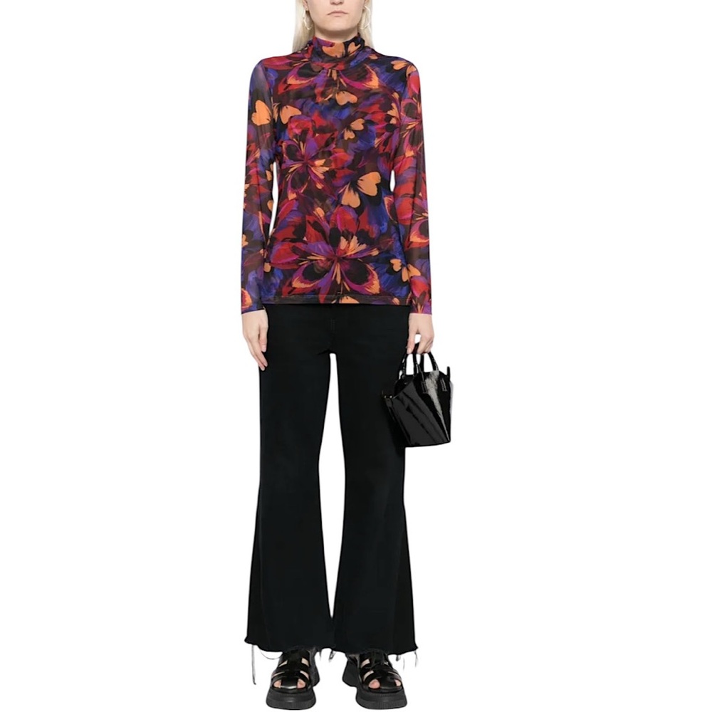 Johnny Was Mock Neck Mesh Blouse Floral Women’s  Size XL Multicolor Long Sleeve